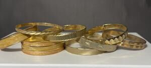 Gold Bangle Bracelet Stack - 10 Piece Lot Yellow Marbled & Textured Vtg Boho MCM